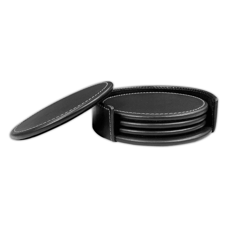 Rustic (Onyx) Black Leather 4 Round Coaster Set w/ Holder