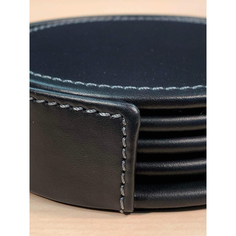 Rustic (Onyx) Black Leather 4 Round Coaster Set w/ Holder