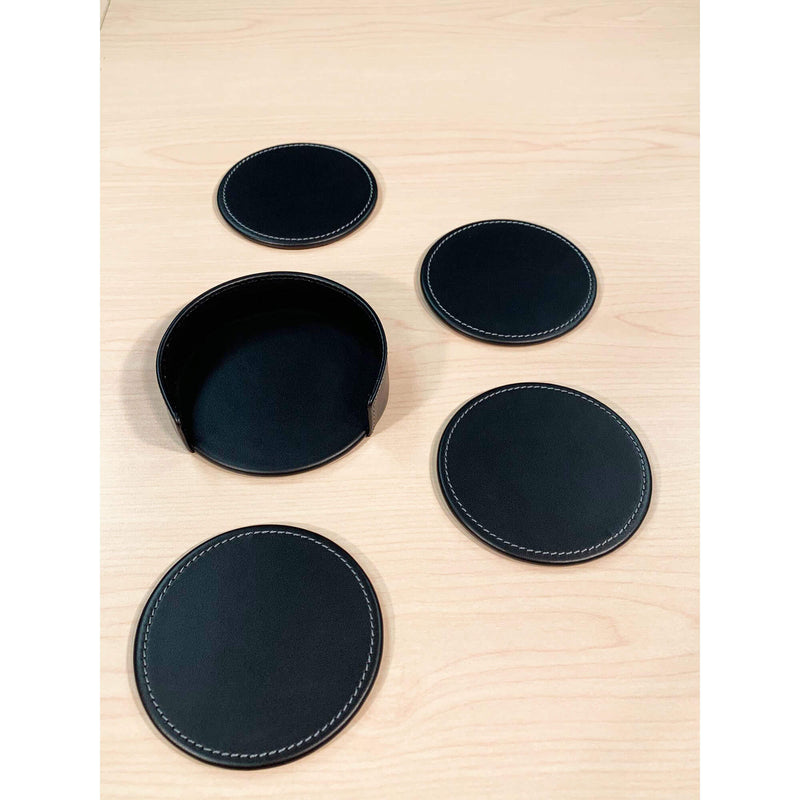 Rustic (Onyx) Black Leather 4 Round Coaster Set w/ Holder