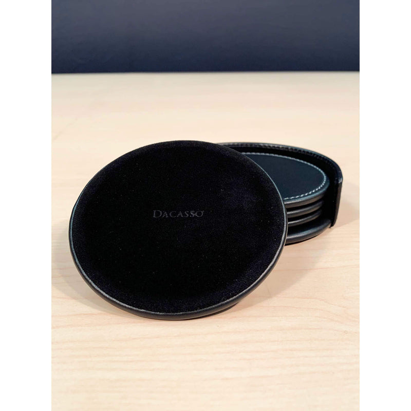 Rustic (Onyx) Black Leather 4 Round Coaster Set w/ Holder