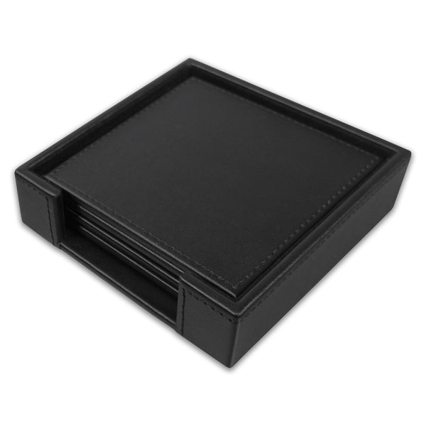 Black Leatherette 4 Square Coaster Set w/ Black Tone-on-Tone Stitching and Holder