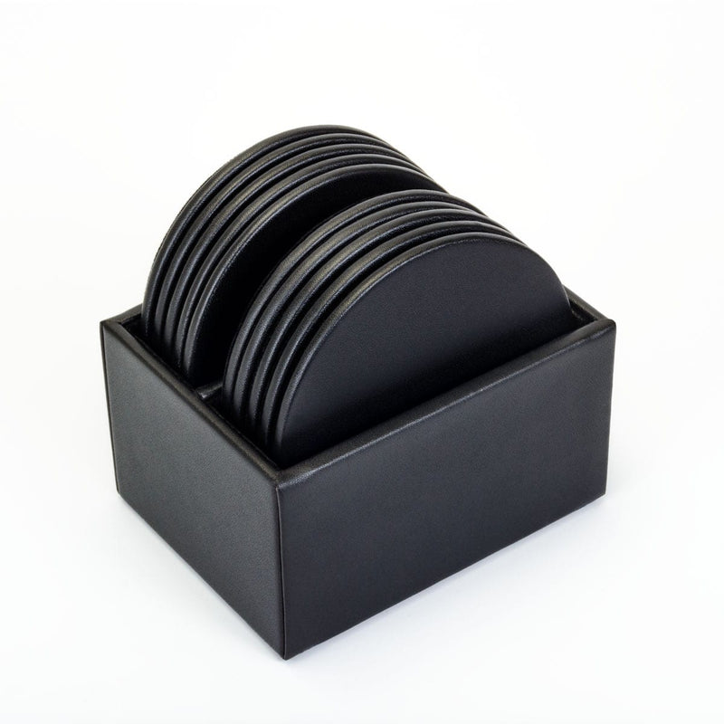 Black Leatherette 10 Round Coaster Set w/ Holder