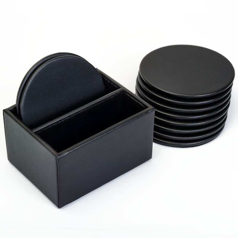 Black Leatherette 10 Round Coaster Set w/ Holder