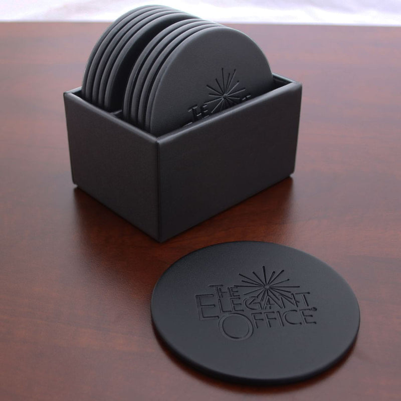 Black Leatherette 10 Round Coaster Set w/ Holder