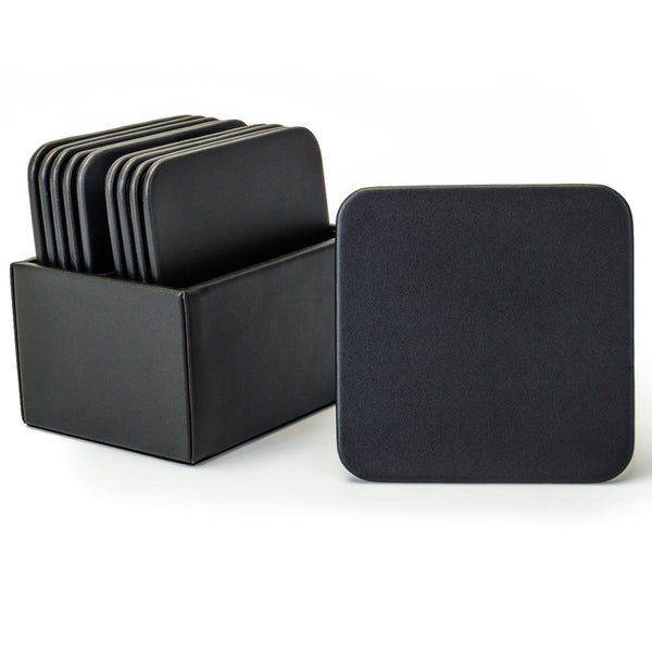 Black Leatherette 10 Square Coaster Set w/ Holder