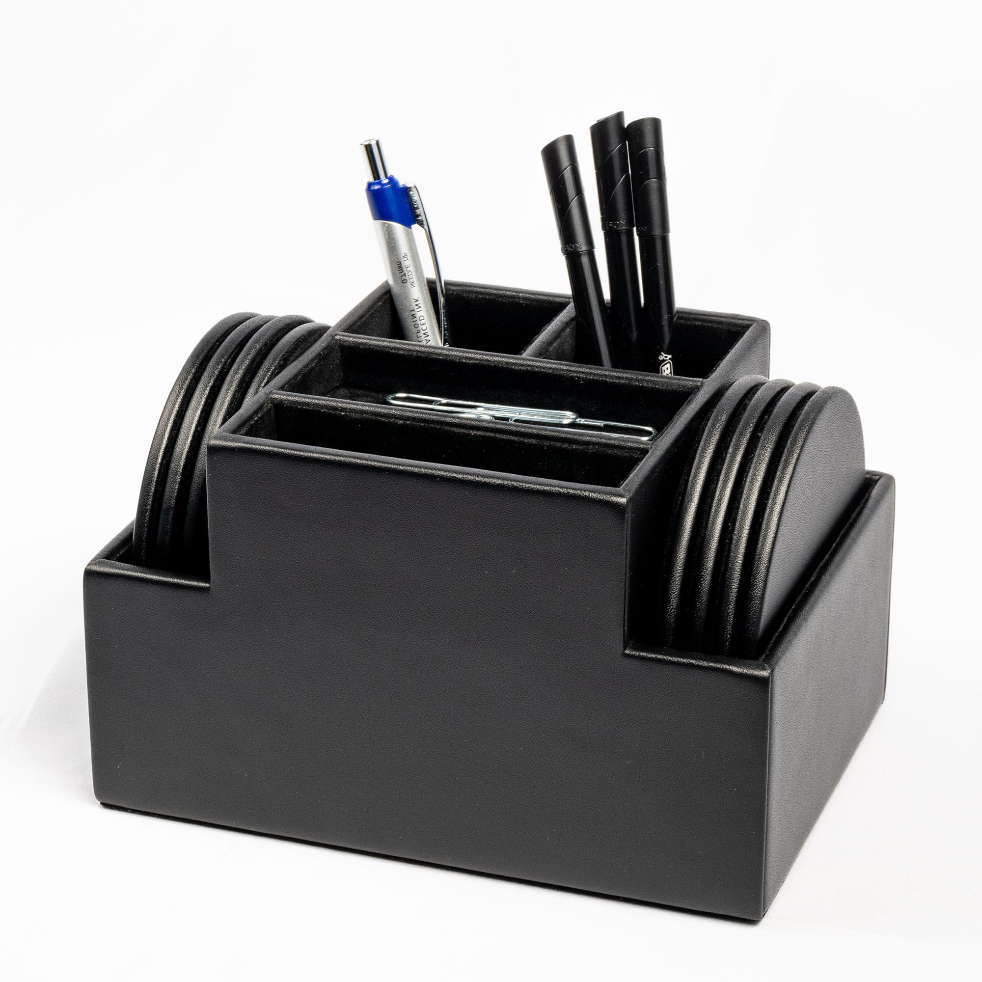 Black Leatherette 8 Round Coaster Set w/ Holder