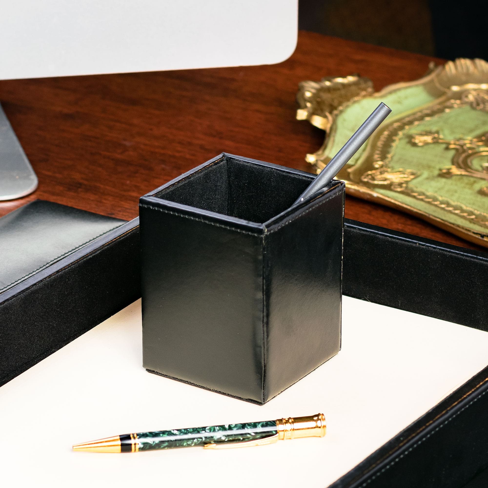 Black Bonded Leather Pencil Cup