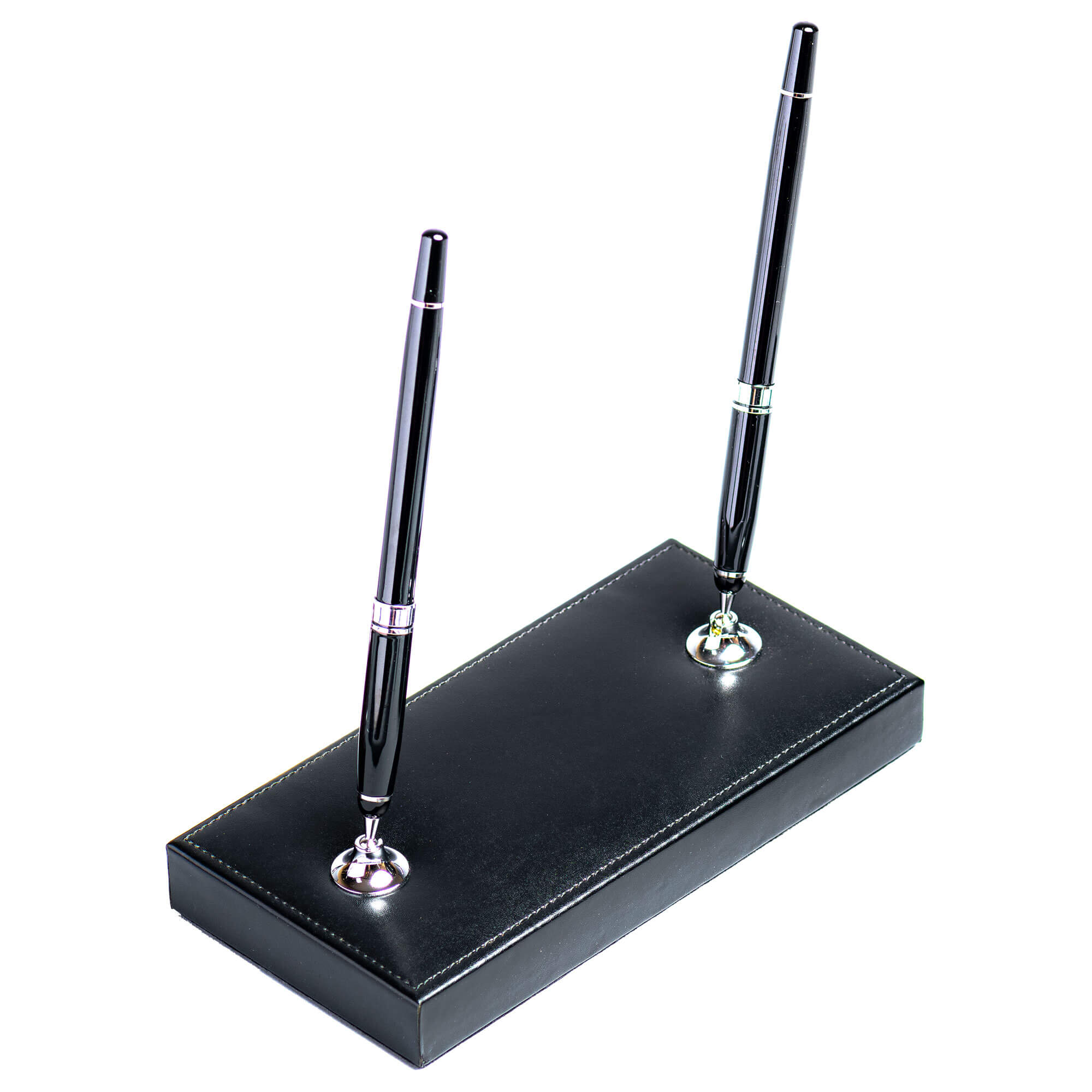 Black Bonded Leather Double Pen Stand