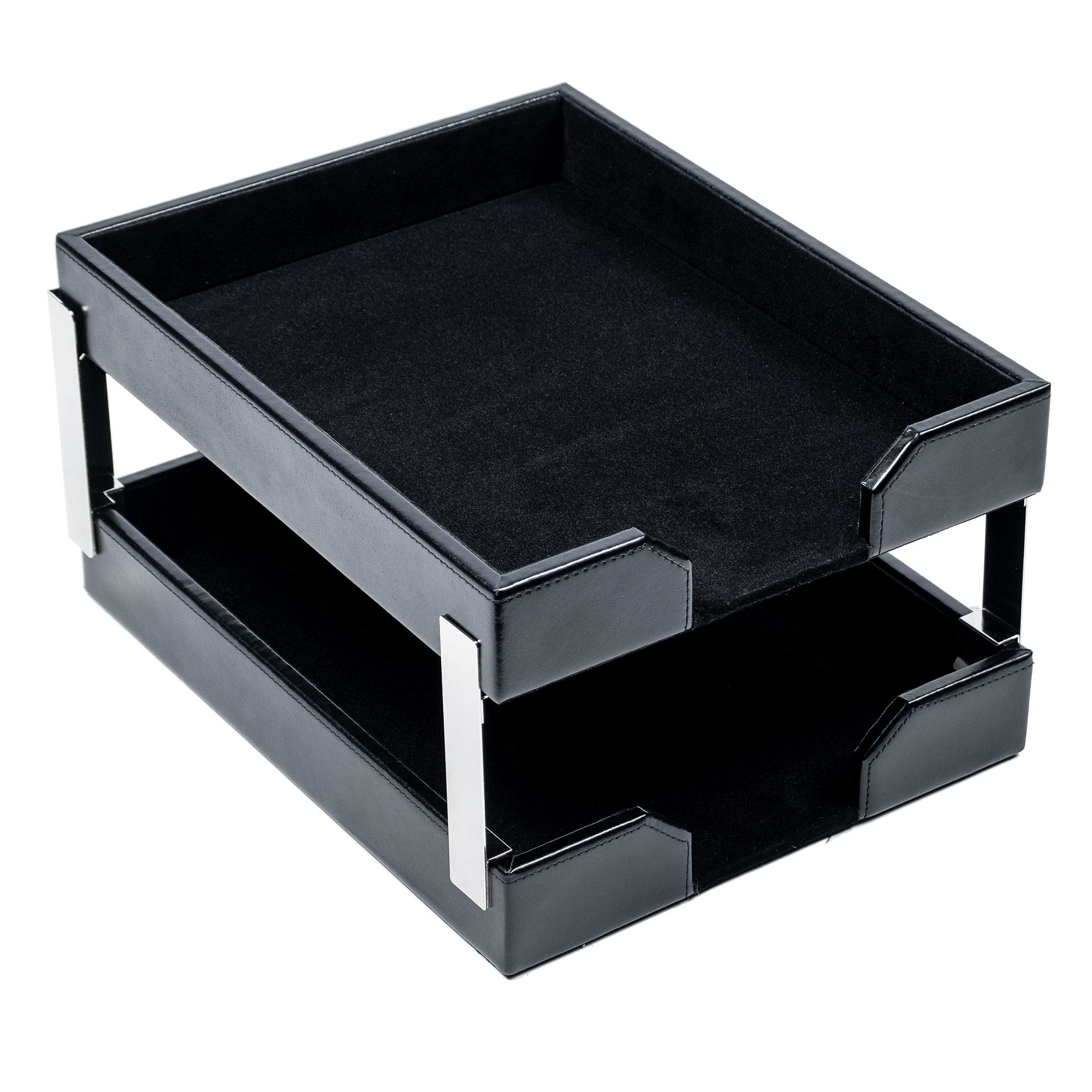 Black Bonded Leather Letter Trays, Stacking Set, Silver