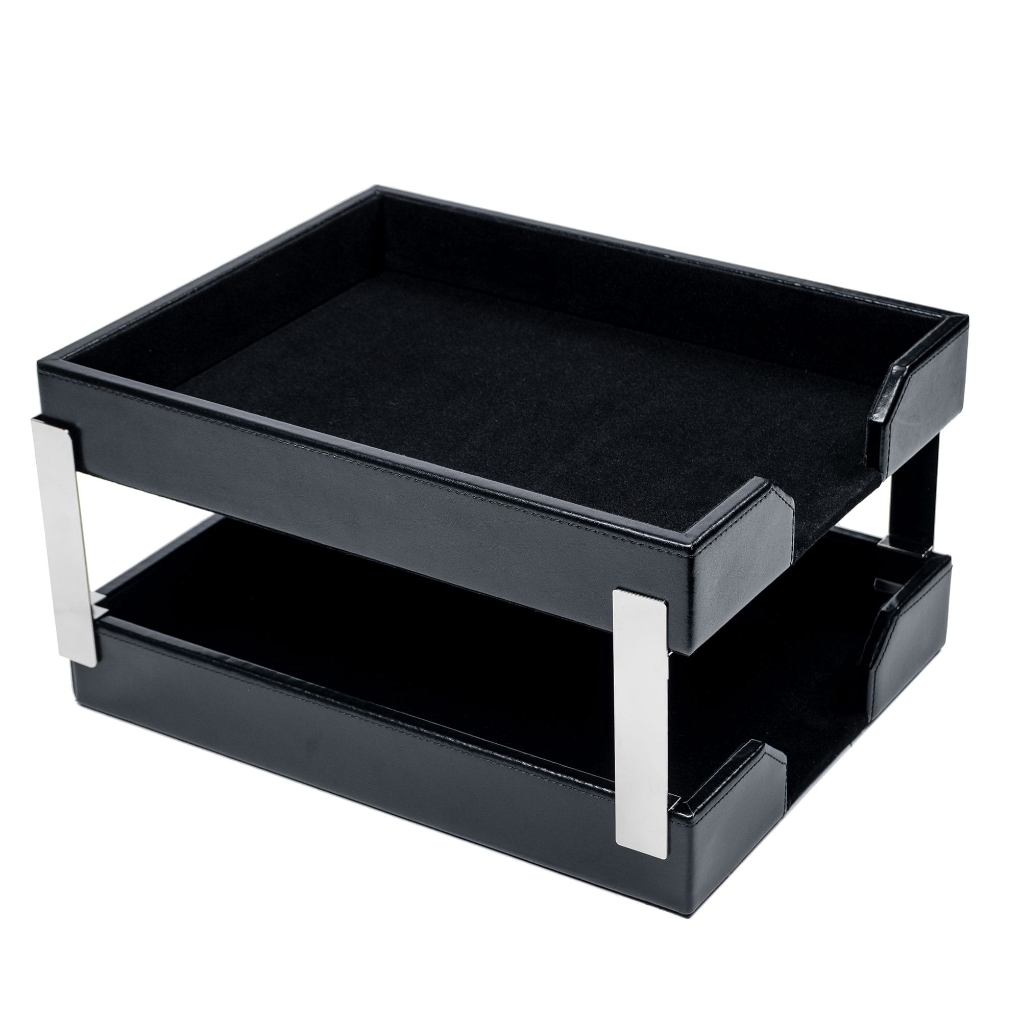 Black Bonded Leather Letter Trays, Stacking Set, Silver