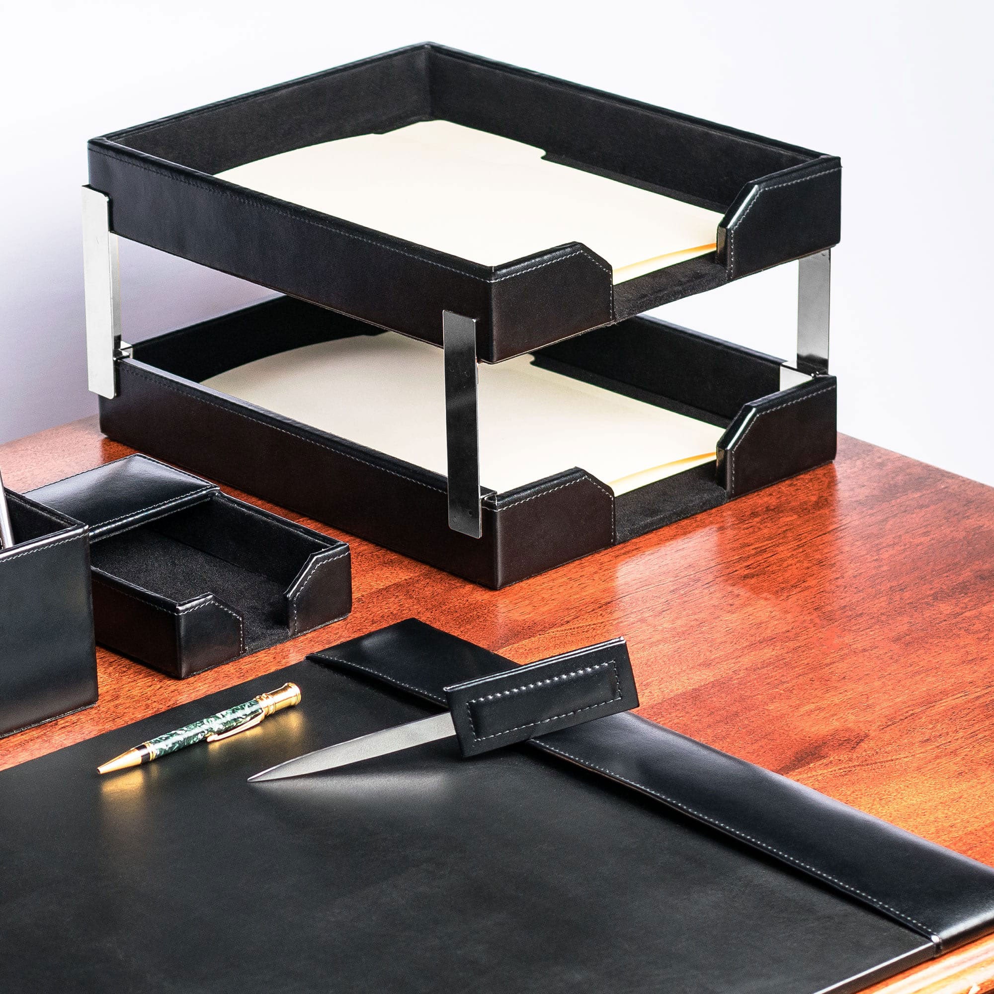 Black Bonded Leather Letter Trays, Stacking Set, Silver