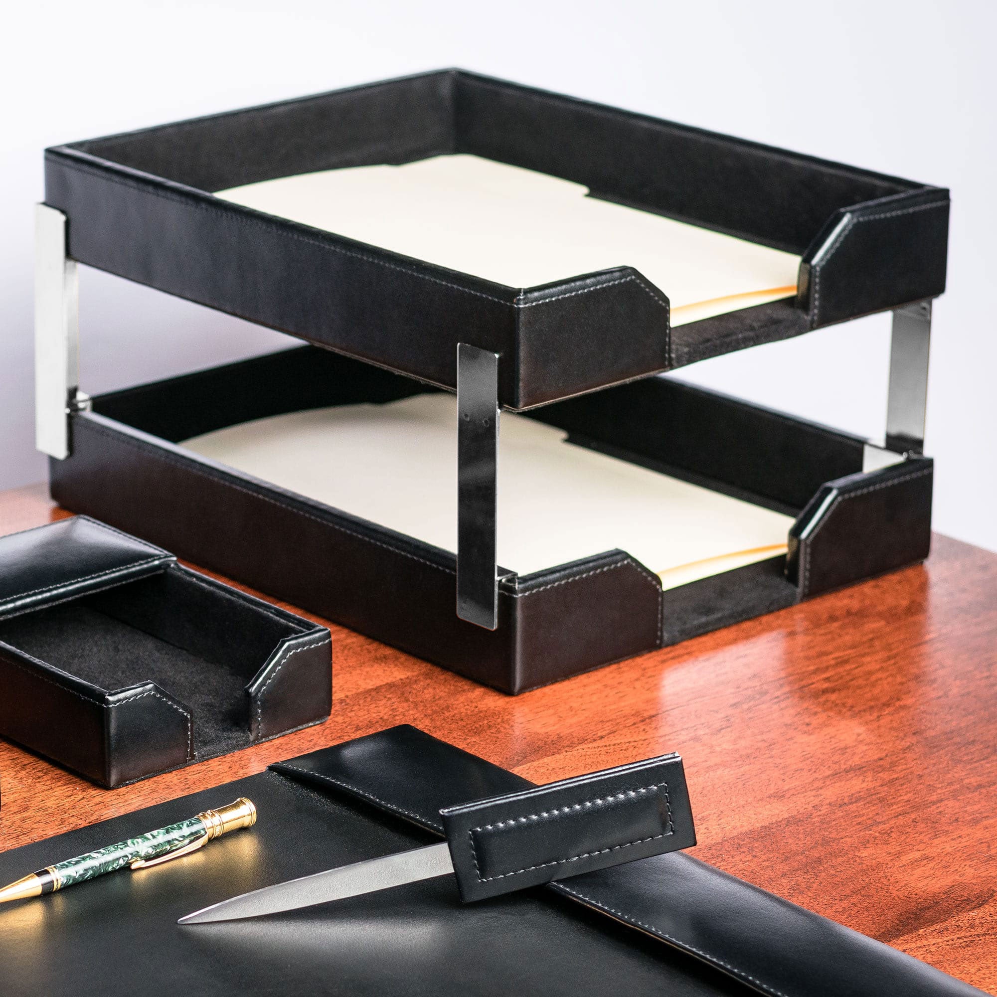 Black Bonded Leather Letter Trays, Stacking Set, Silver