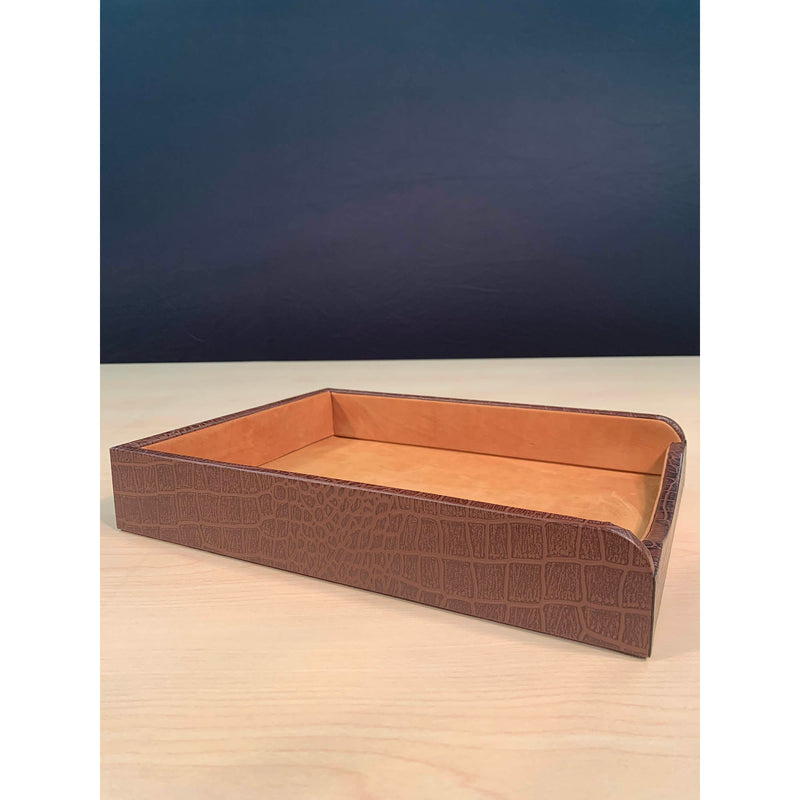 Brown Crocodile Embossed Leather Letter Tray