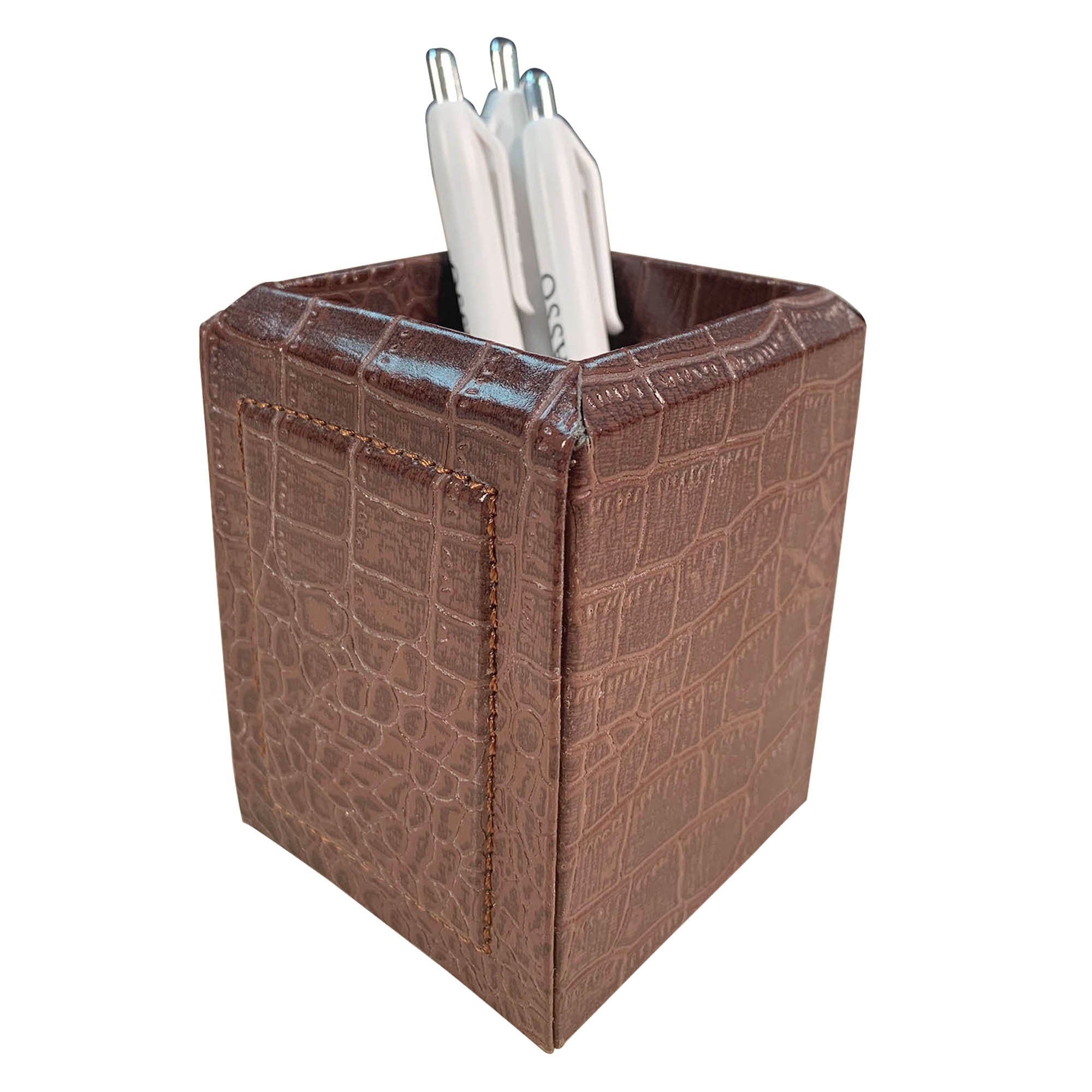 Brown Crocodile Embossed Leather Pencil Cup