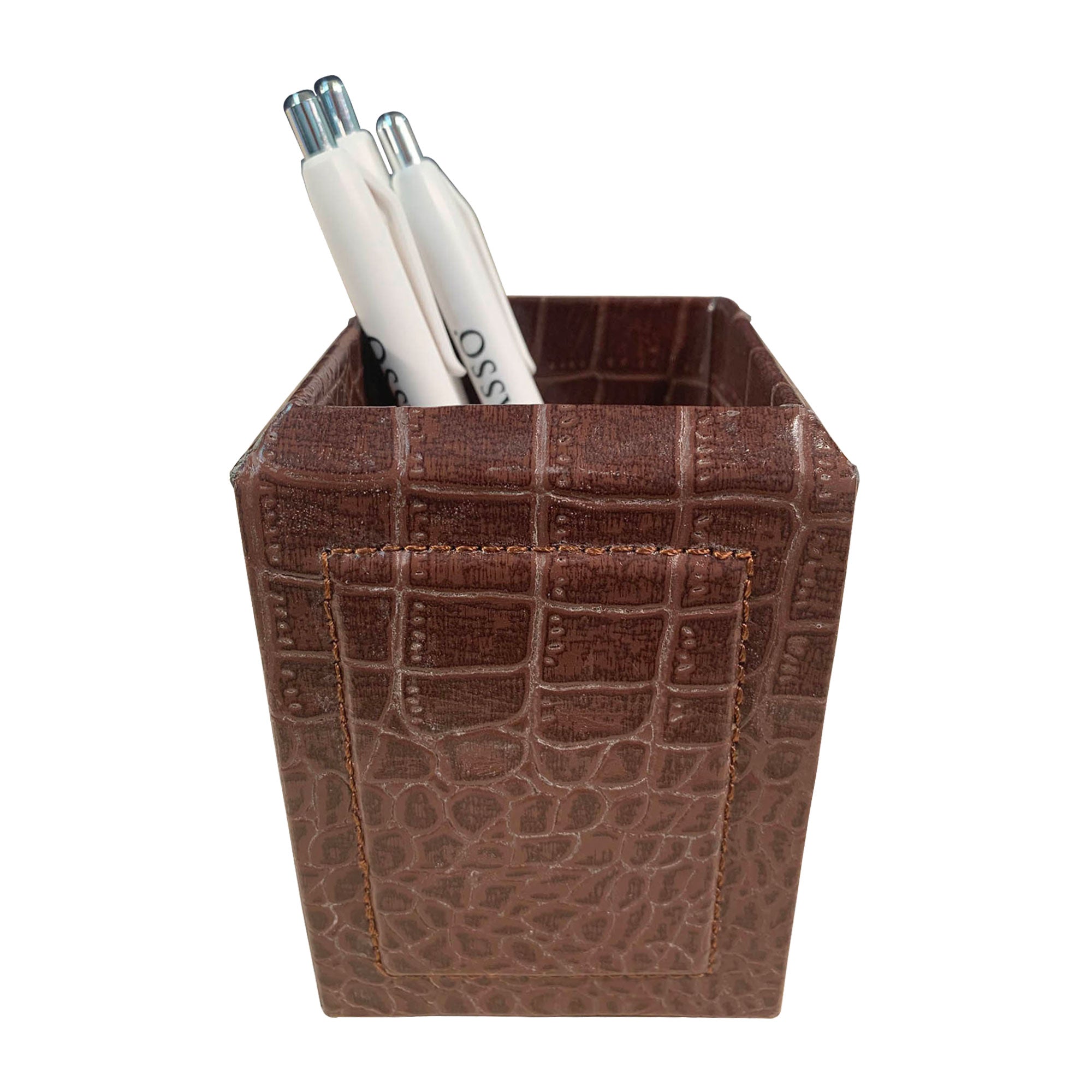 Brown Crocodile Embossed Leather Pencil Cup