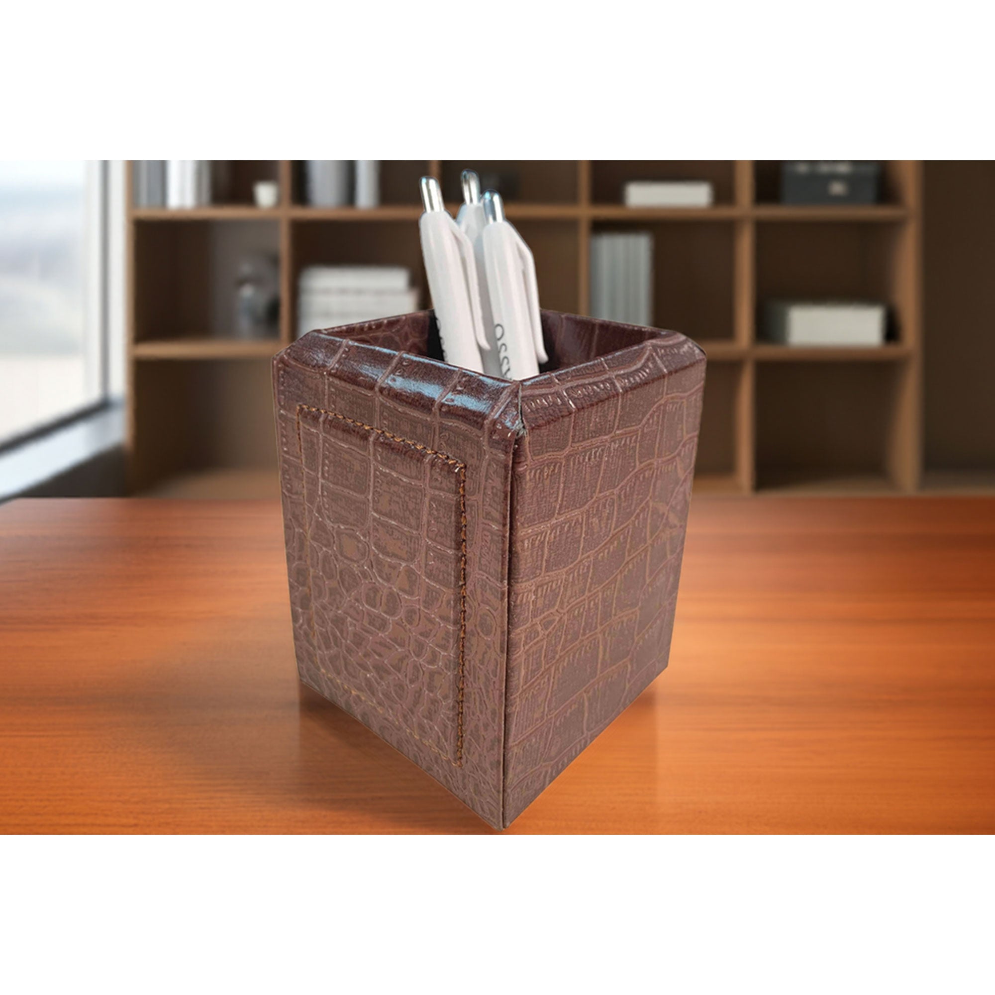 Brown Crocodile Embossed Leather Pencil Cup