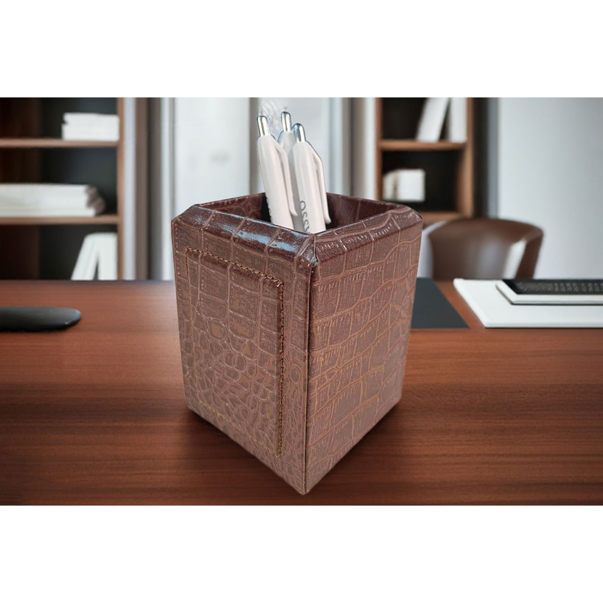 Brown Crocodile Embossed Leather Pencil Cup