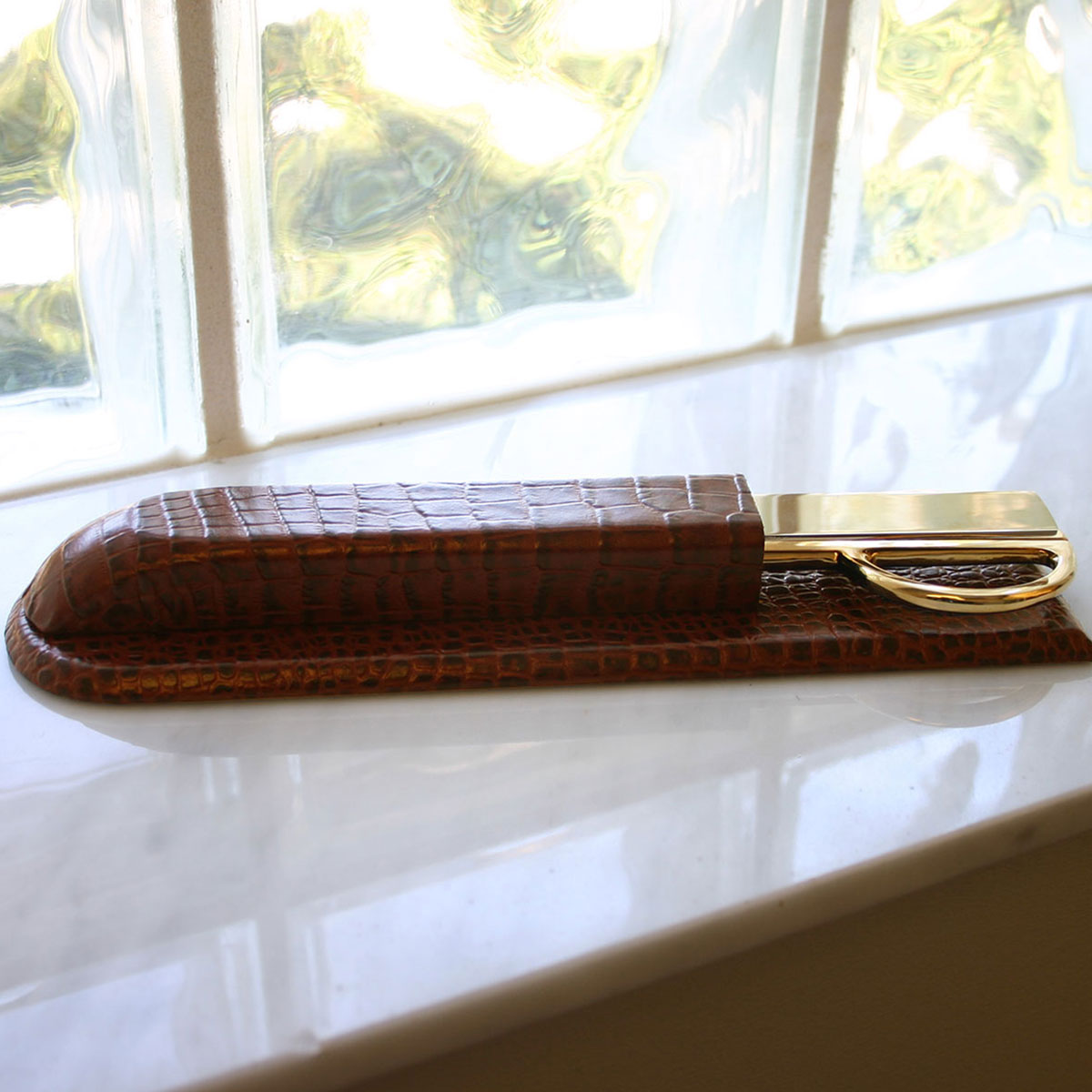 Brown Crocodile Embossed Leather Library Set