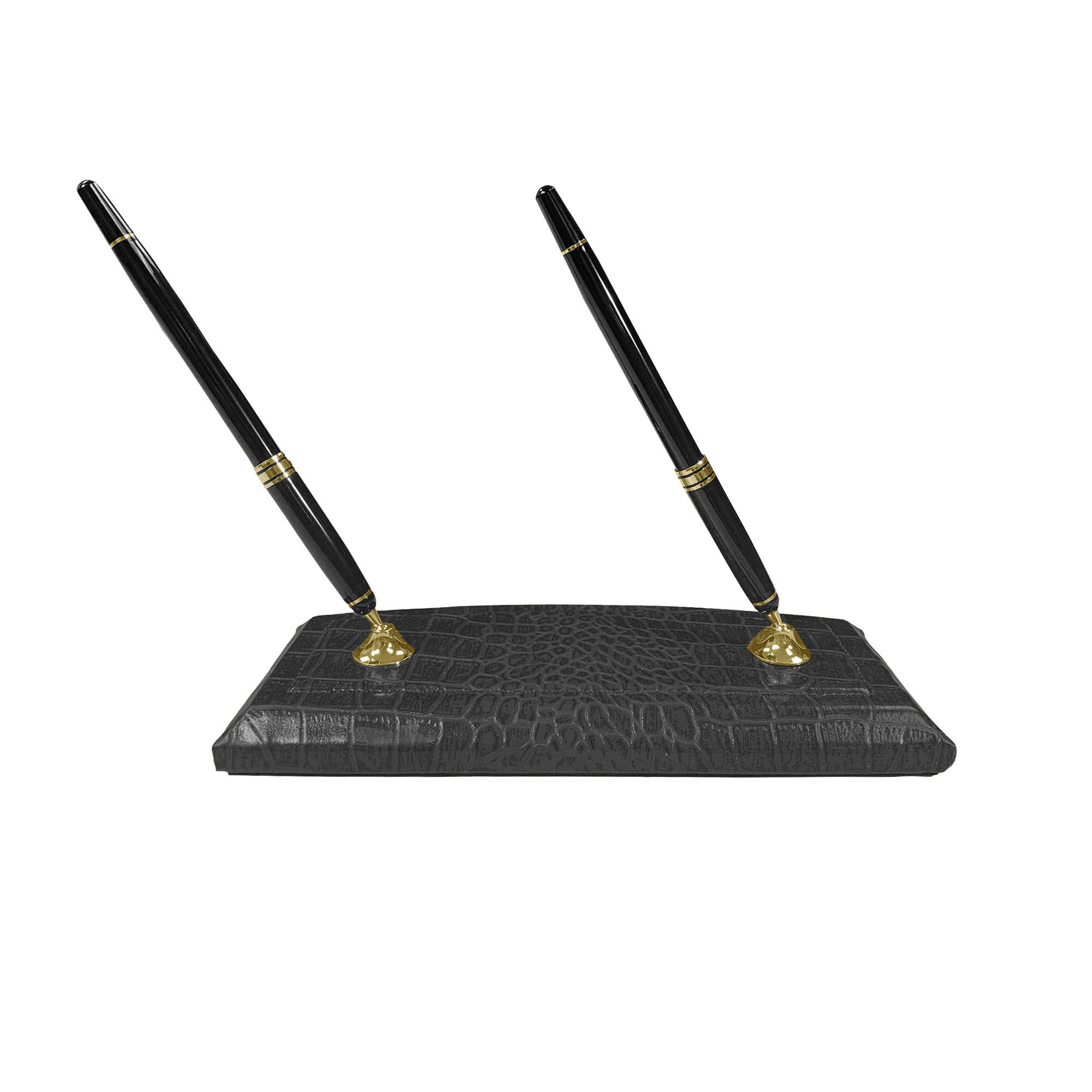 Black Crocodile Embossed Leather Double Pen Stand w/ Gold Accents