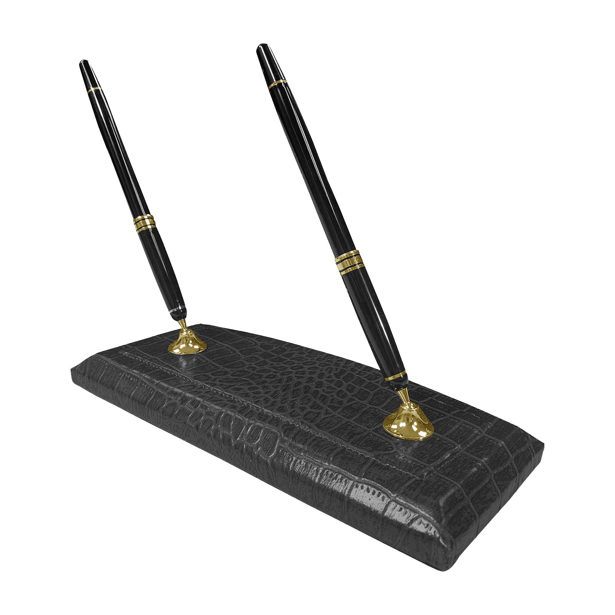 Black Crocodile Embossed Leather Double Pen Stand w/ Gold Accents