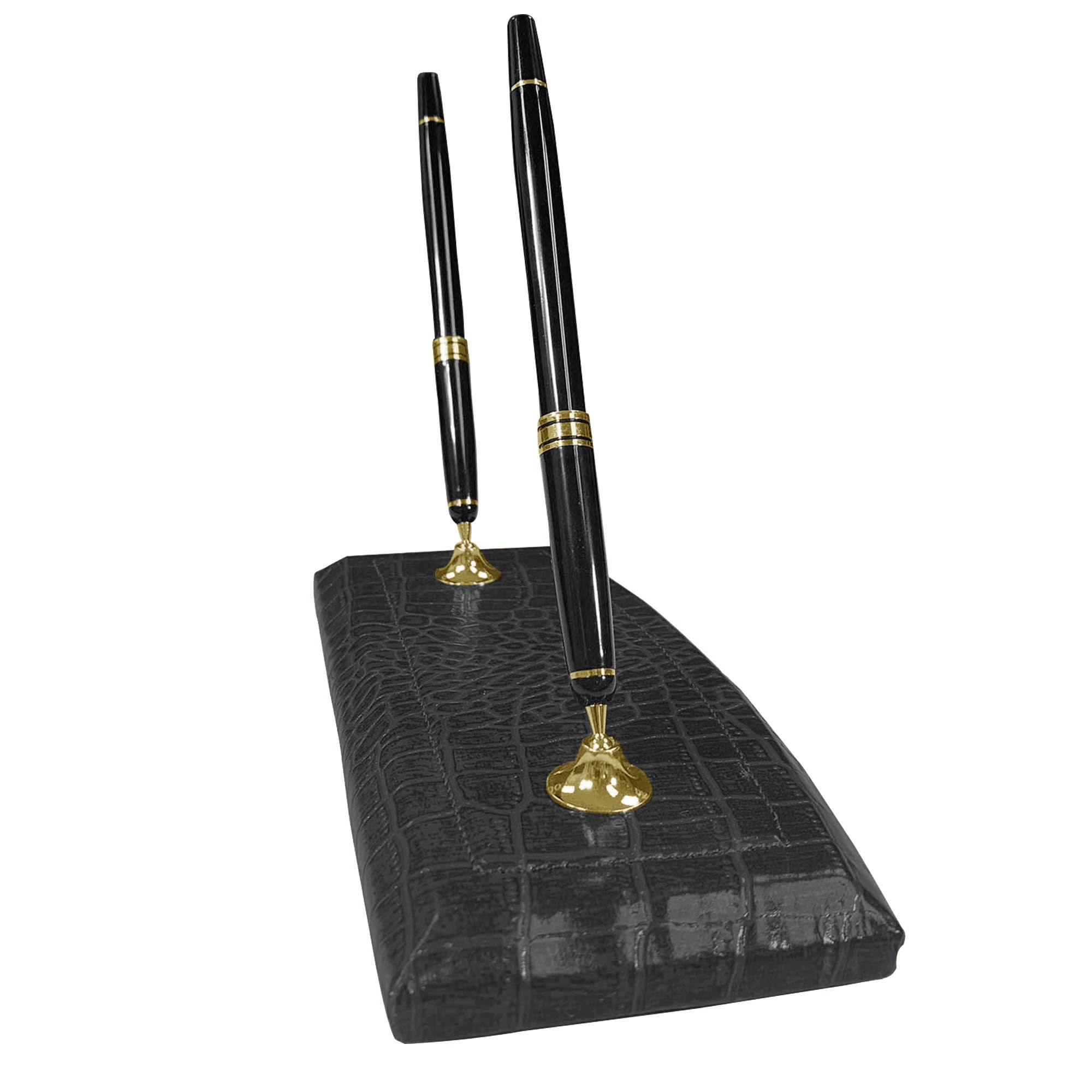 Black Crocodile Embossed Leather Double Pen Stand w/ Gold Accents