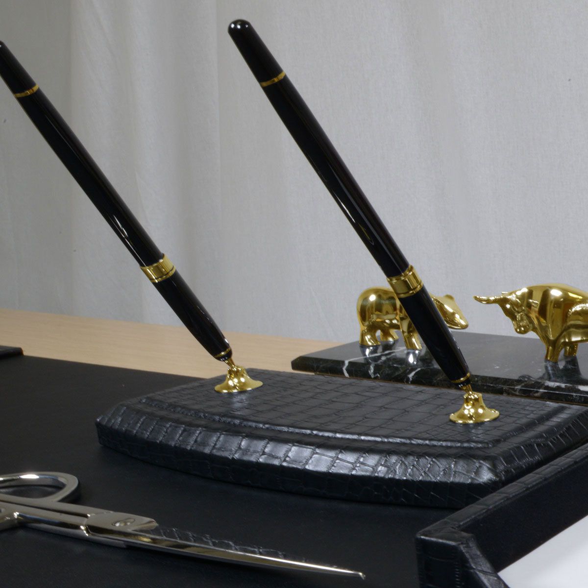 Black Crocodile Embossed Leather Double Pen Stand w/ Gold Accents