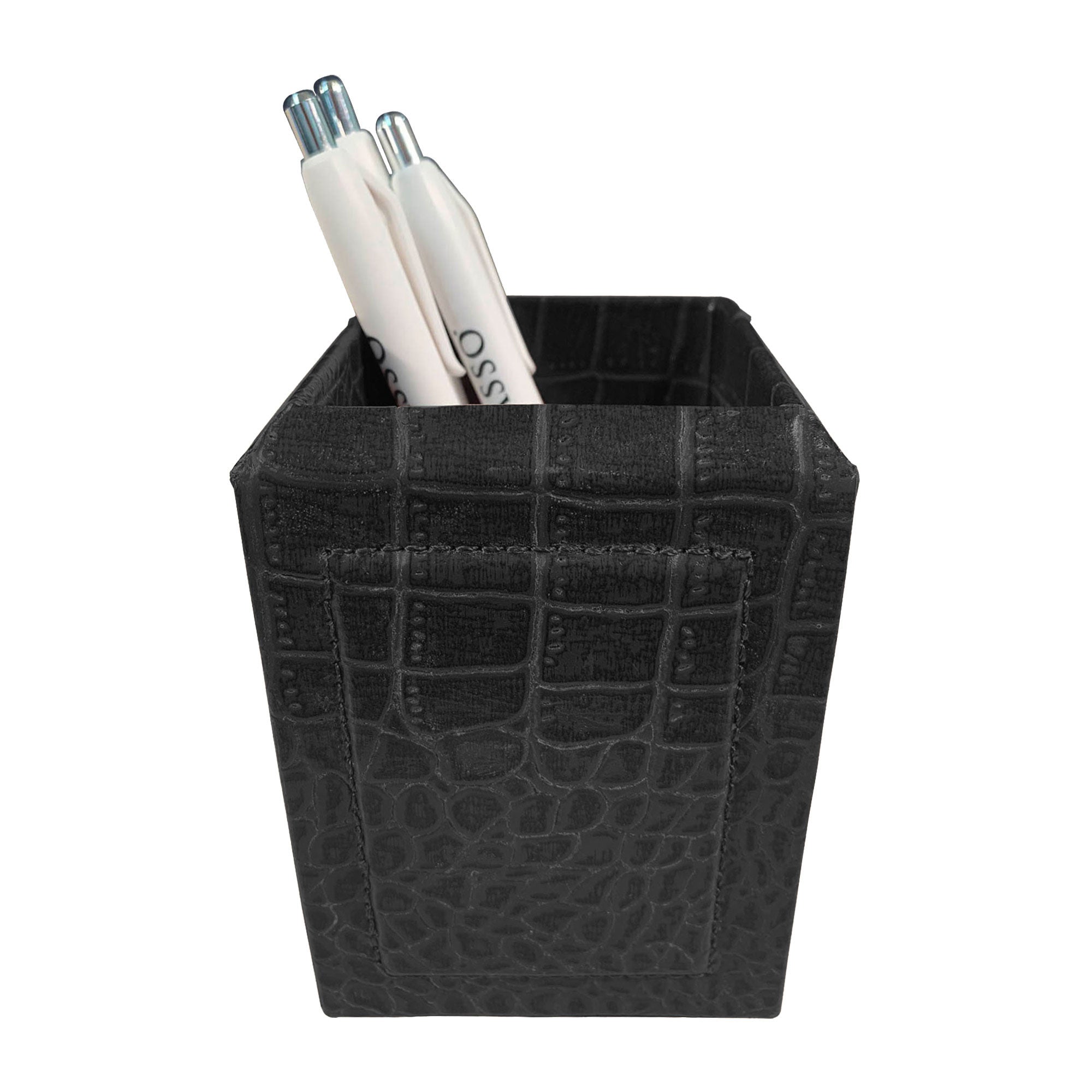 Black Crocodile Embossed Leather Pencil Cup