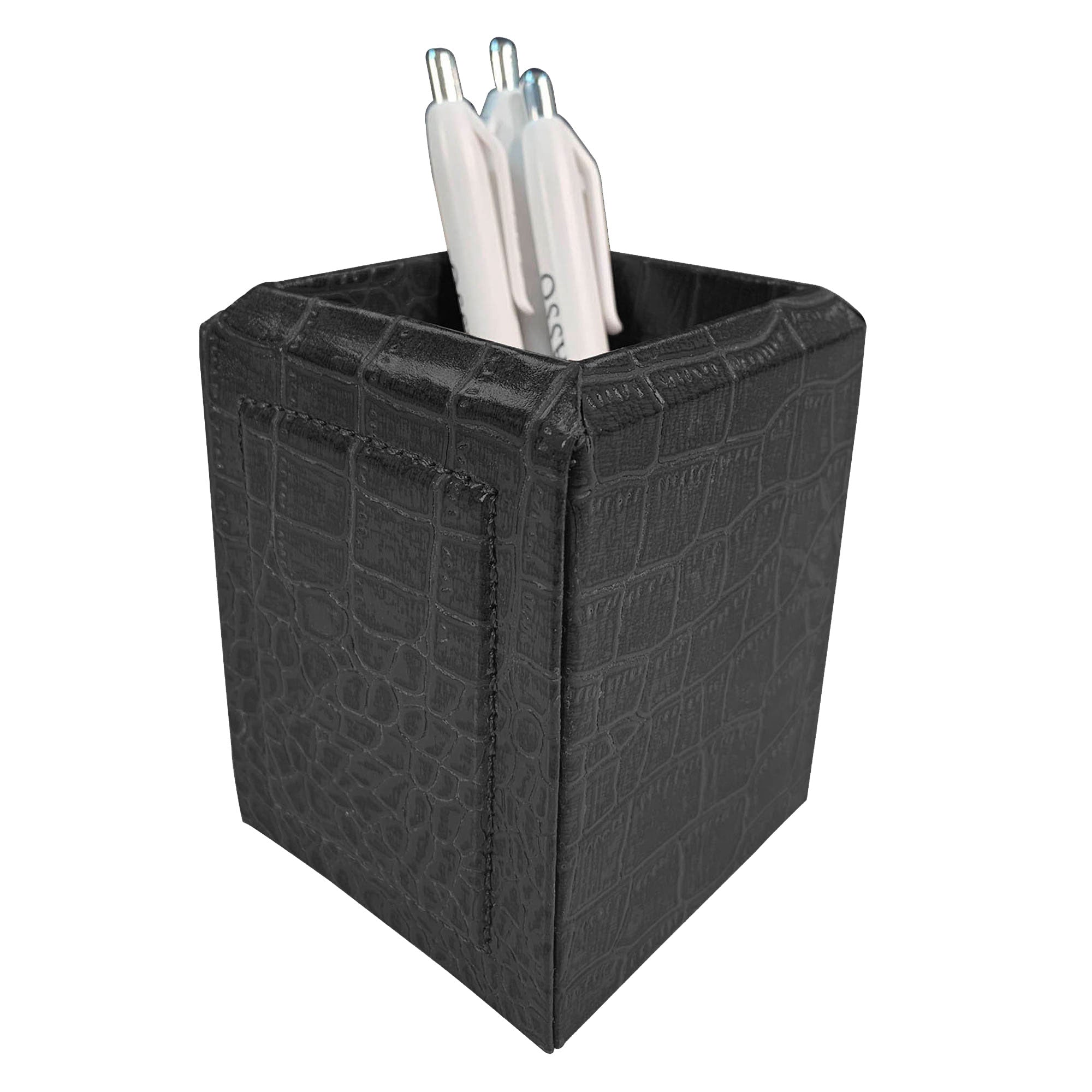 Black Crocodile Embossed Leather Pencil Cup