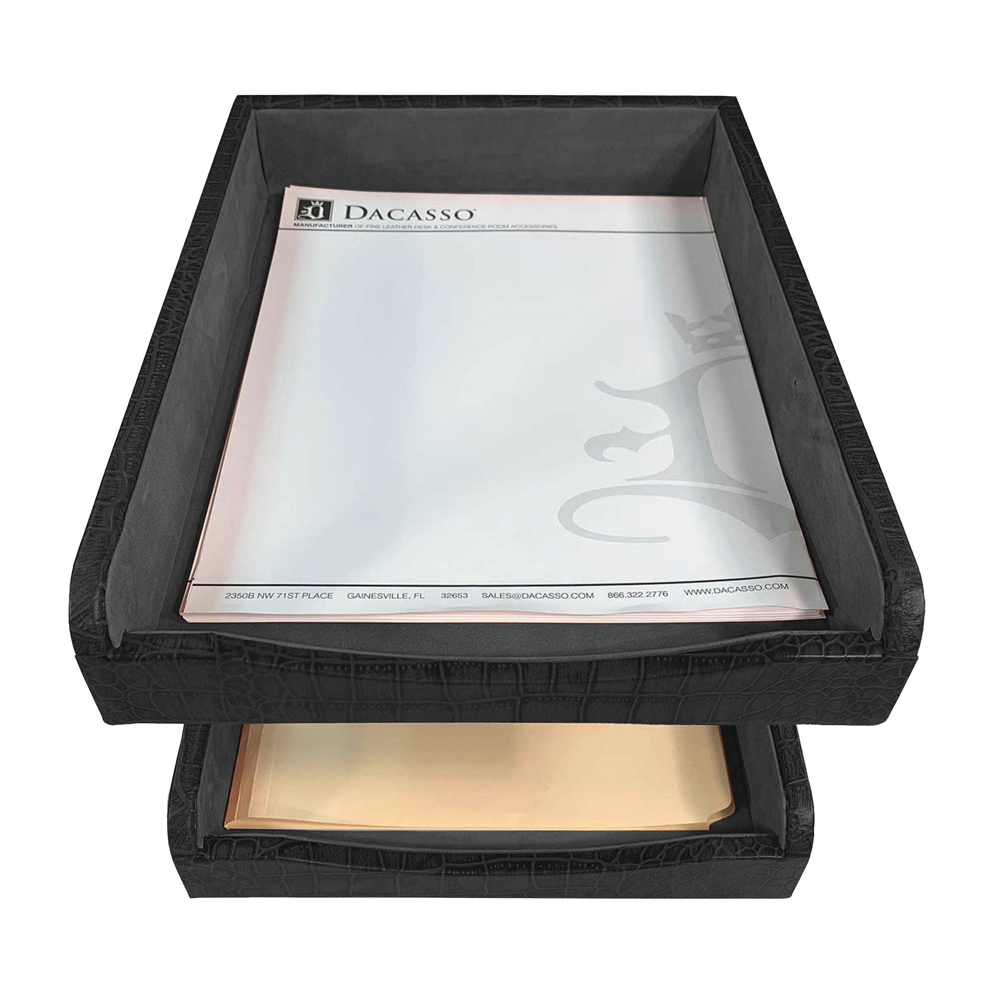 Black Crocodile Embossed Leather Letter Trays, Stacking Set, Silver