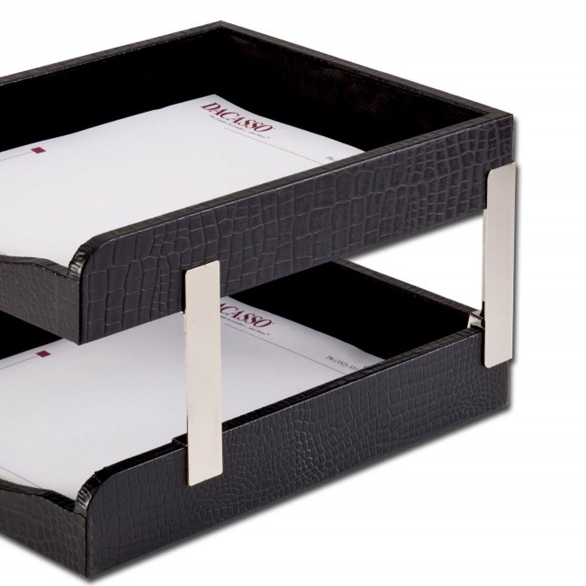 Black Crocodile Embossed Leather Letter Trays, Stacking Set, Silver
