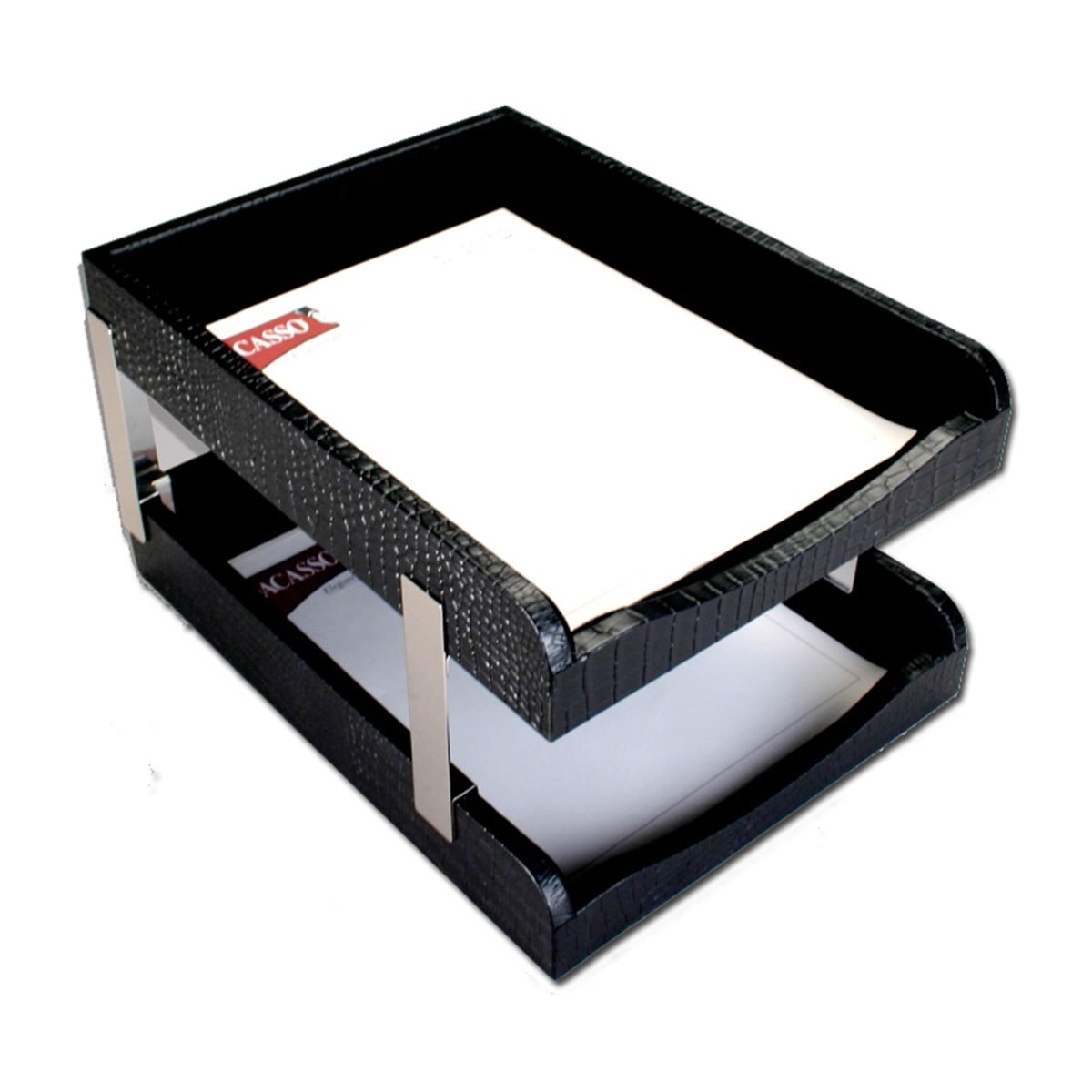 Black Crocodile Embossed Leather Letter Trays, Stacking Set, Silver