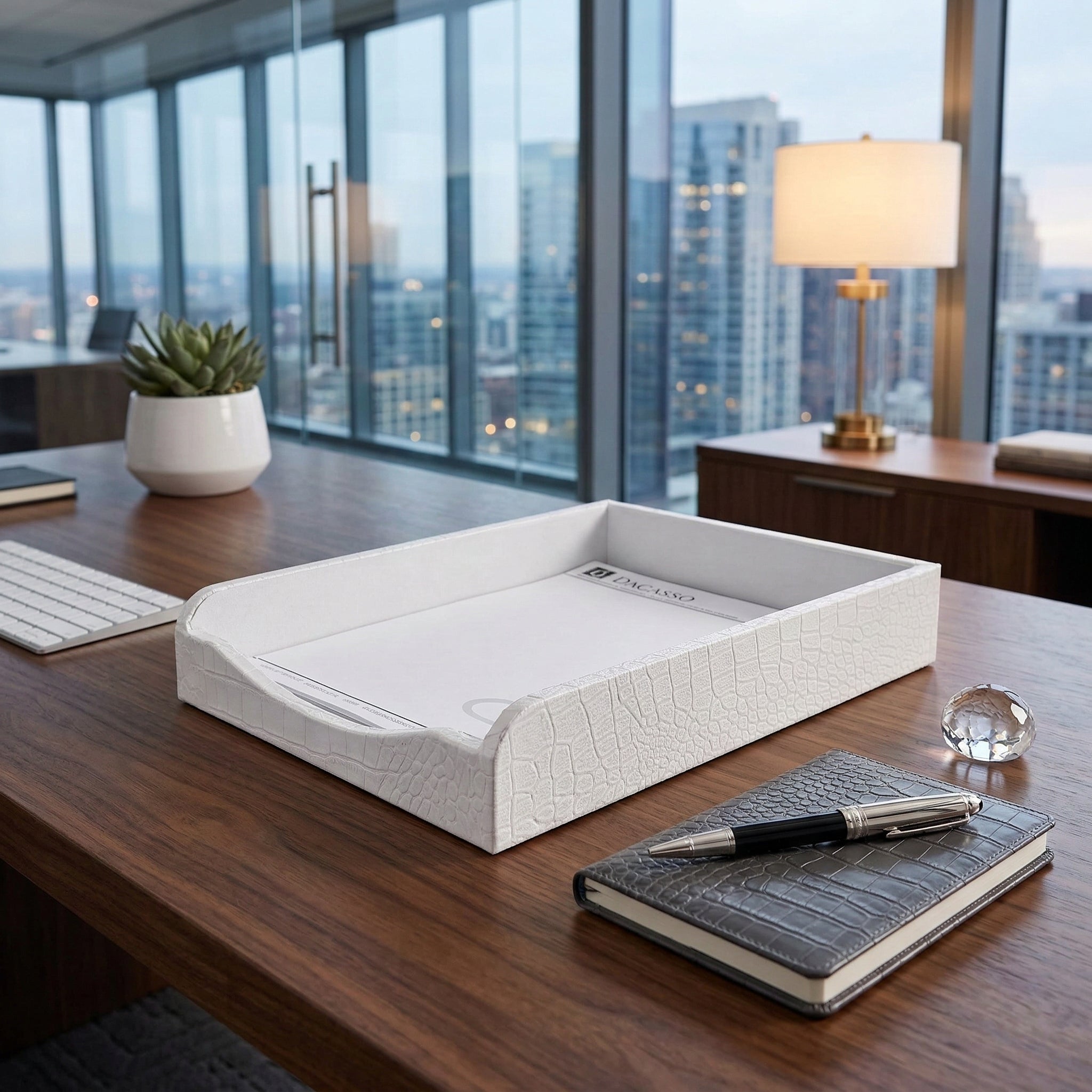 White Crocodile Embossed Leather Letter Tray