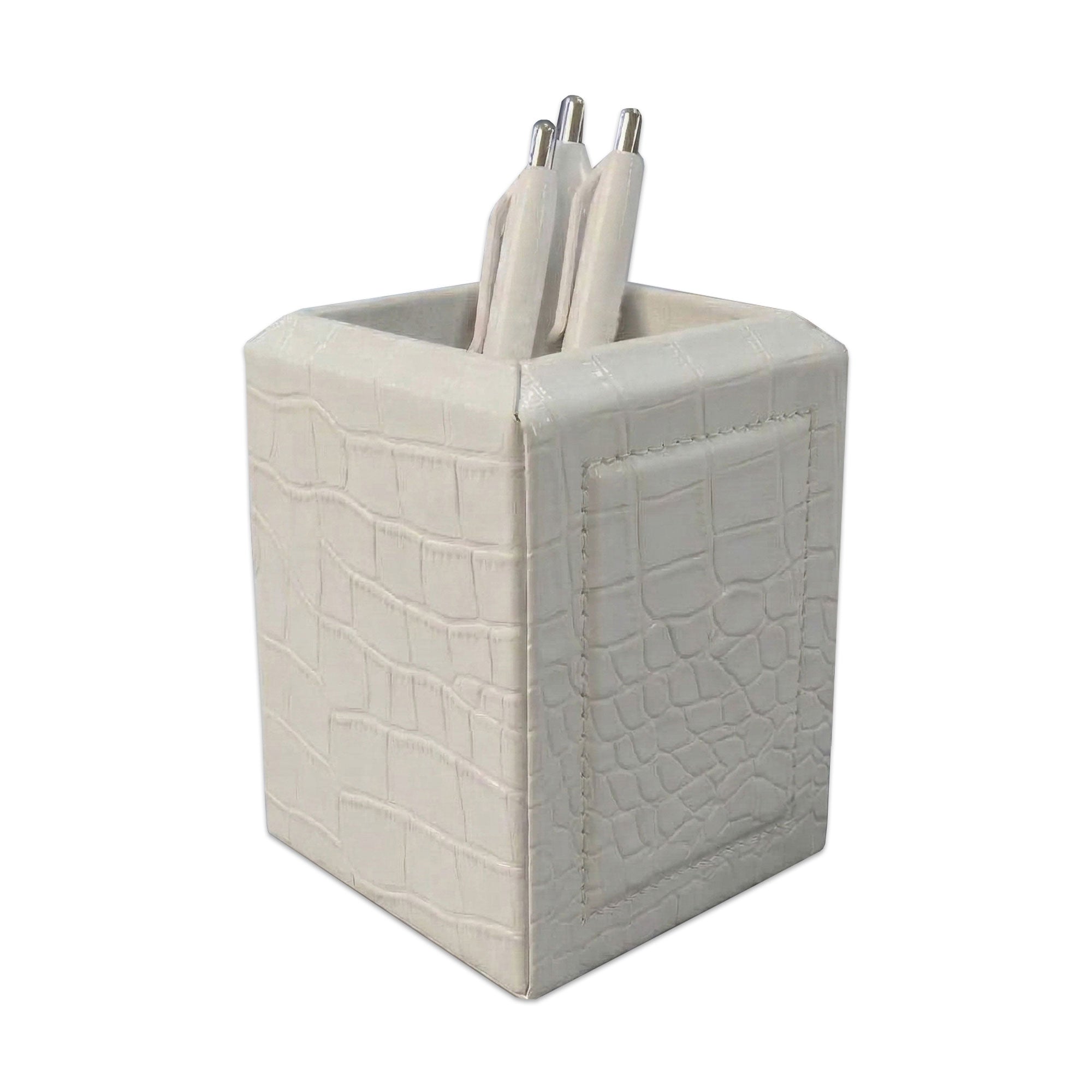 White Crocodile Embossed Leather Pencil Cup