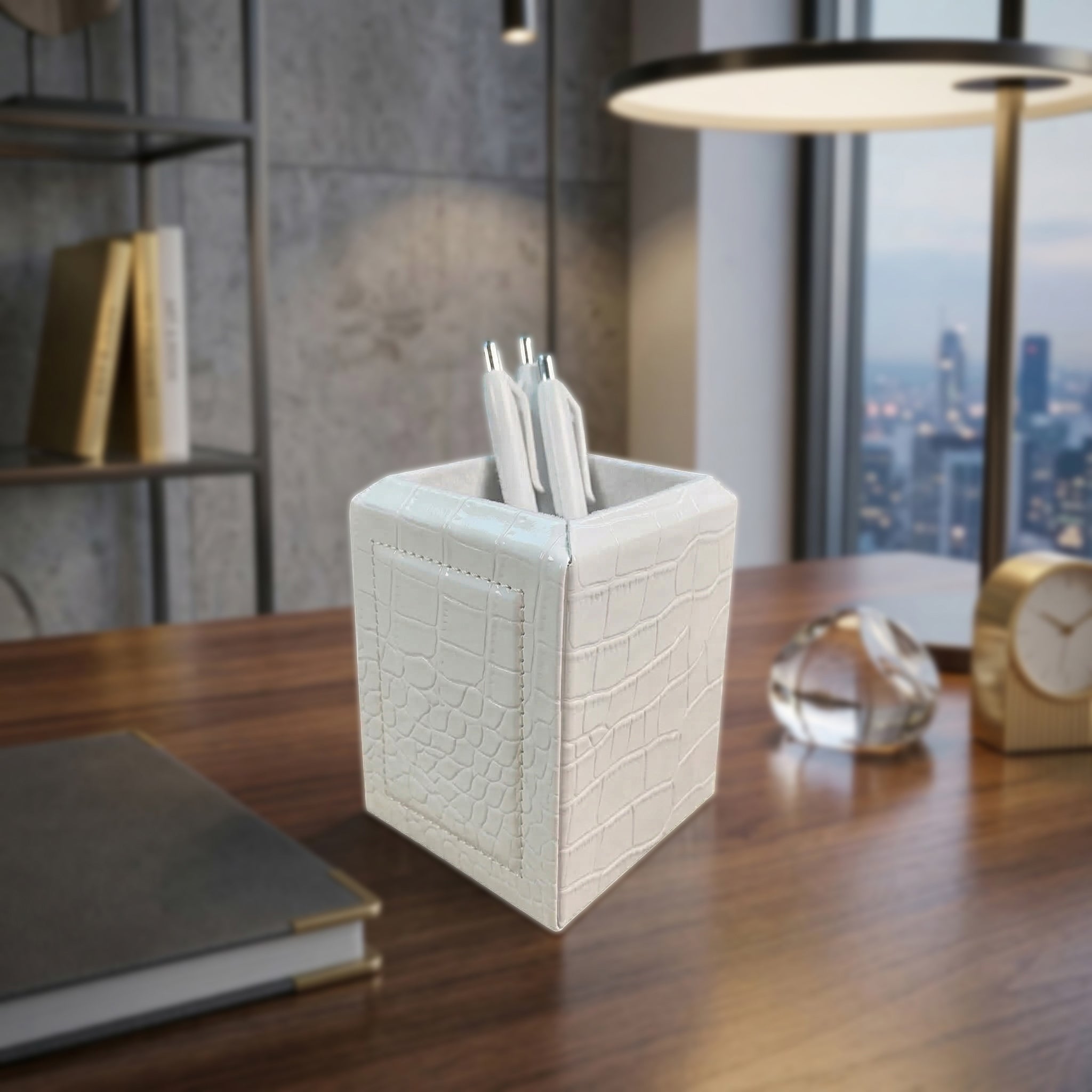 White Crocodile Embossed Leather Pencil Cup