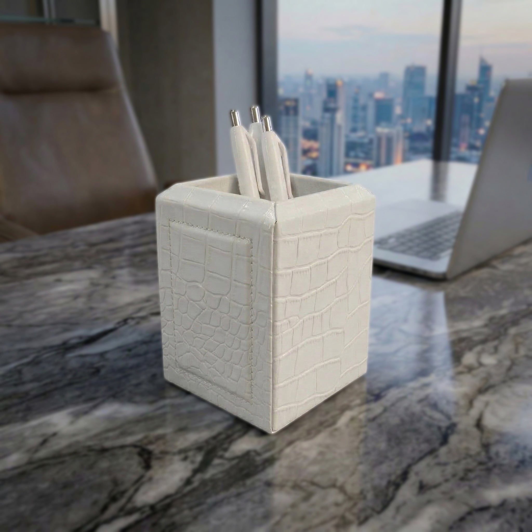 White Crocodile Embossed Leather Pencil Cup
