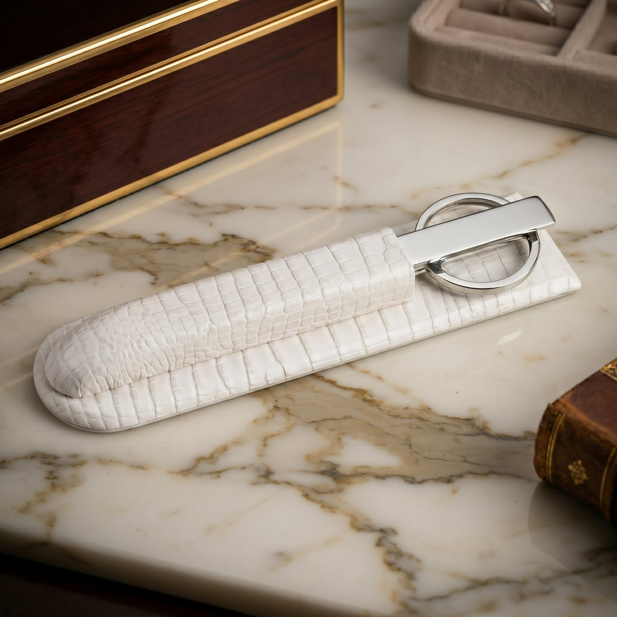 White Crocodile Embossed Leather Library Set, Silver Accent