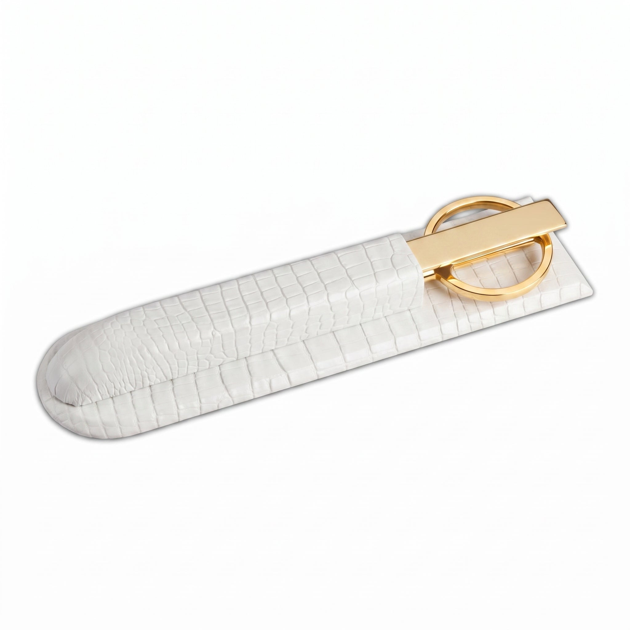 White Crocodile Embossed Leather Library Set, Gold Accent