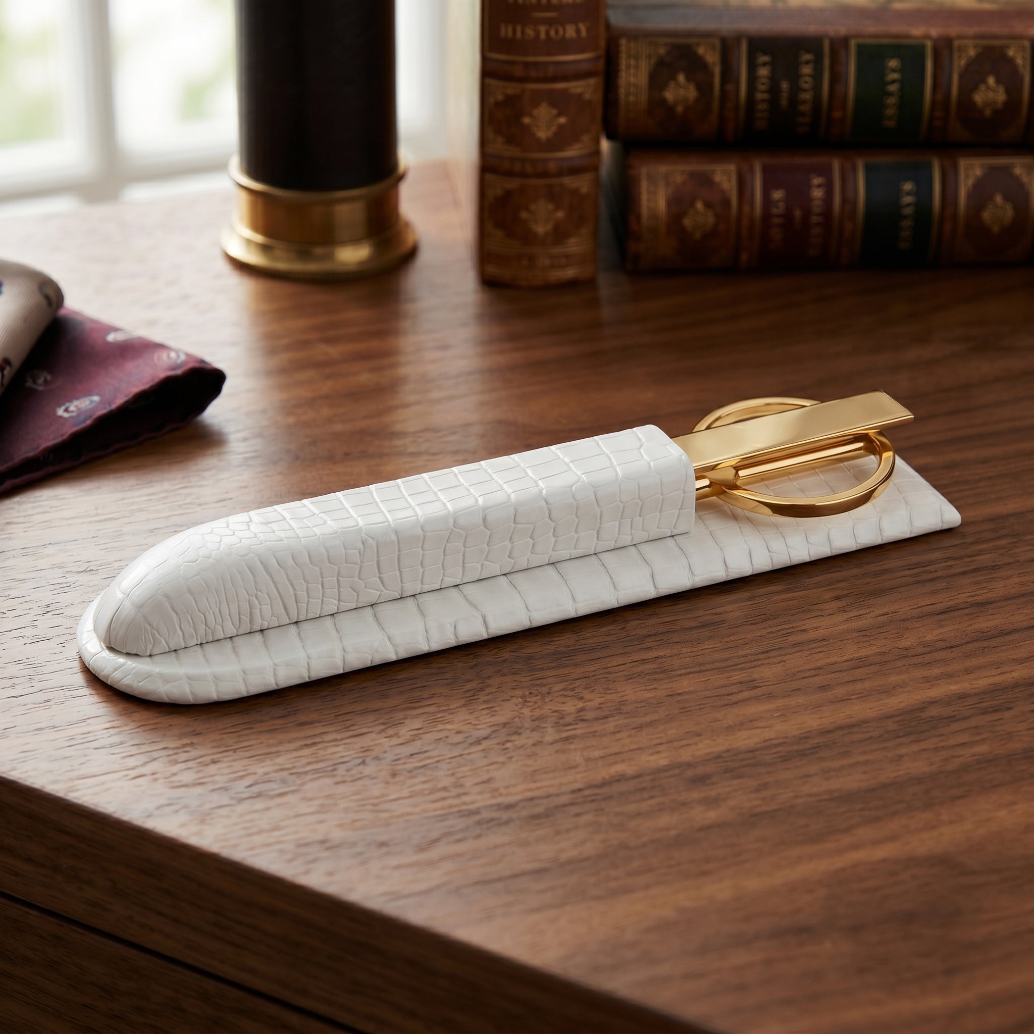 White Crocodile Embossed Leather Library Set, Gold Accent