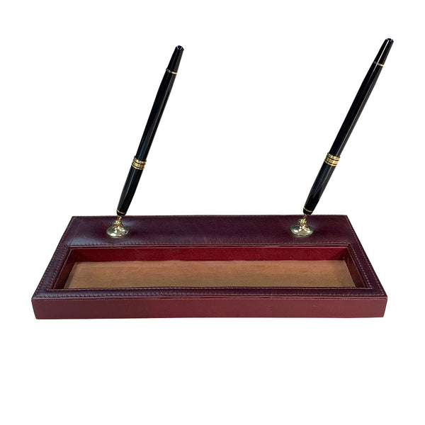 Mocha Leather Pen Stand with Gold Accents