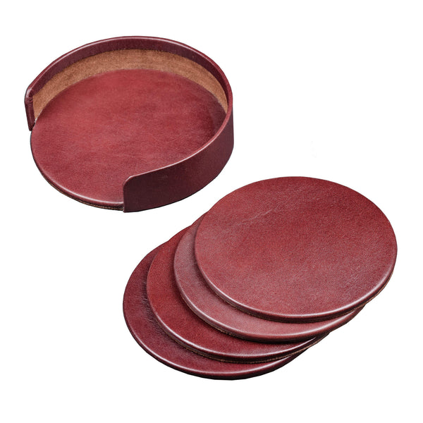 Mocha Leather 4 Round Coaster Set w/ Holder