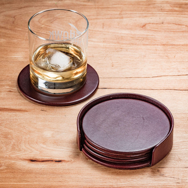 Mocha Leather 4 Round Coaster Set w/ Holder