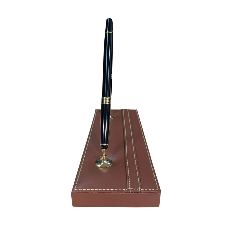 Rustic Brown Leather Double Pen Stand w/ Gold Accents