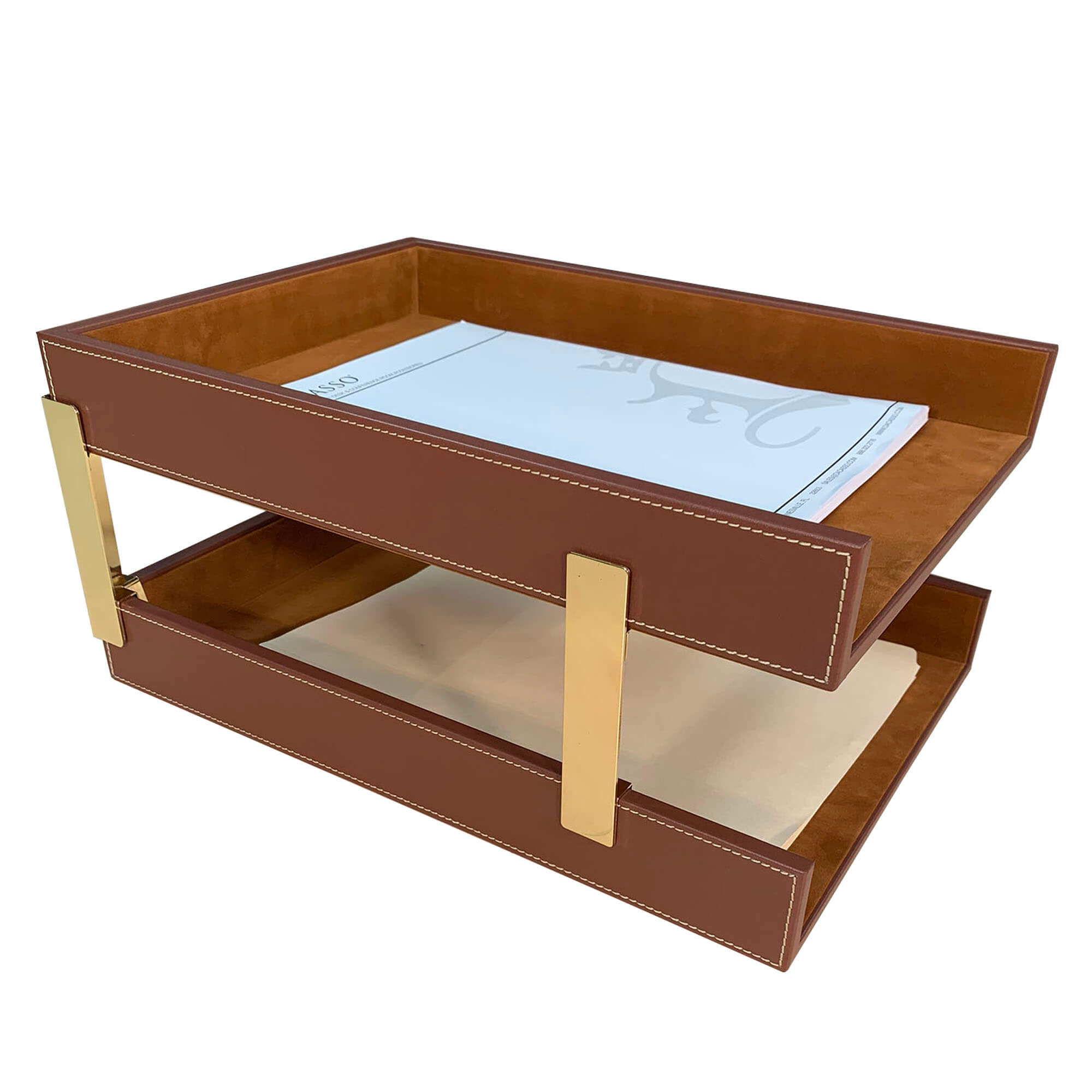 Rustic (Sienna) Brown Leather Letter Tray, Legal, Stacking Set, Gold