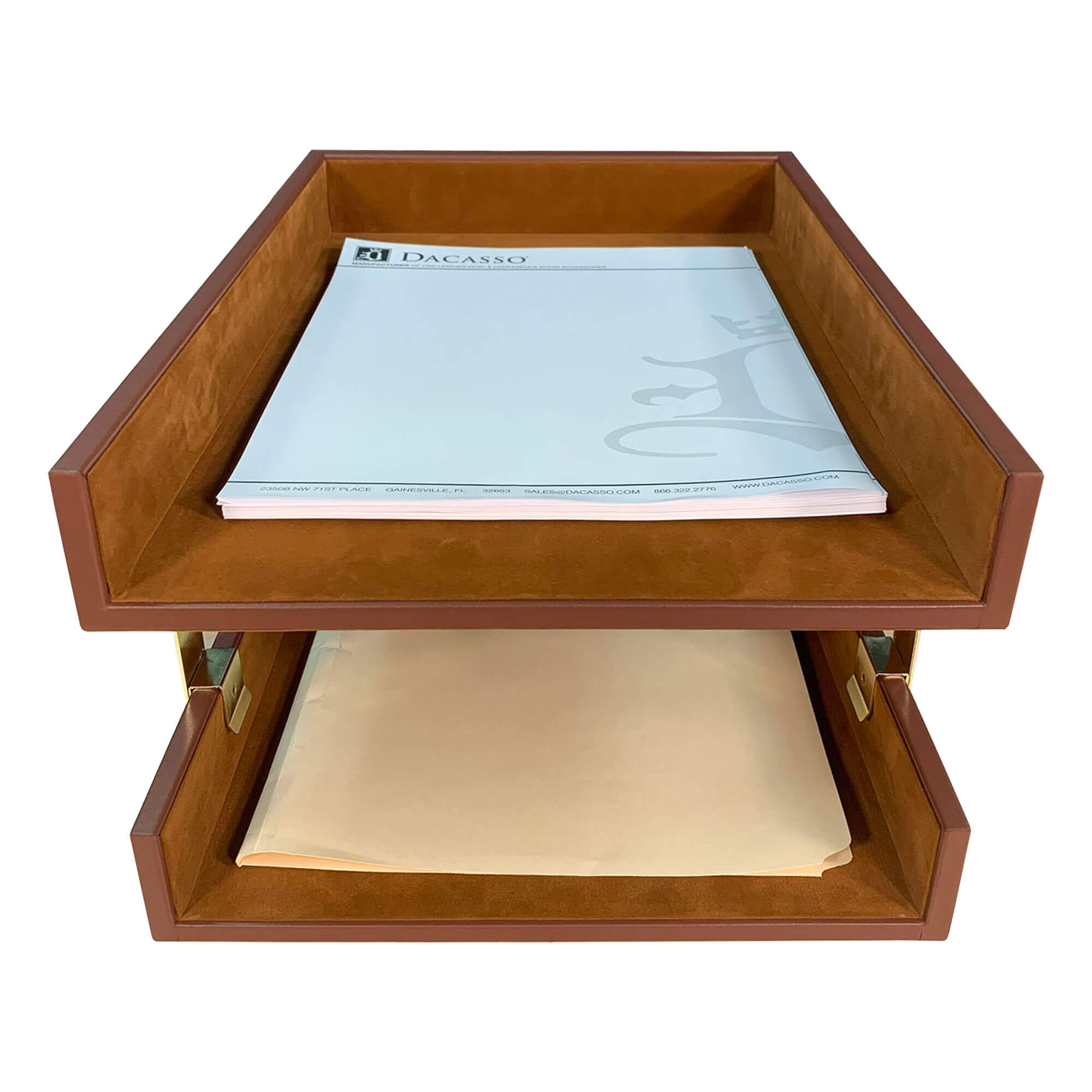Rustic (Sienna) Brown Leather Letter Tray, Legal, Stacking Set, Gold