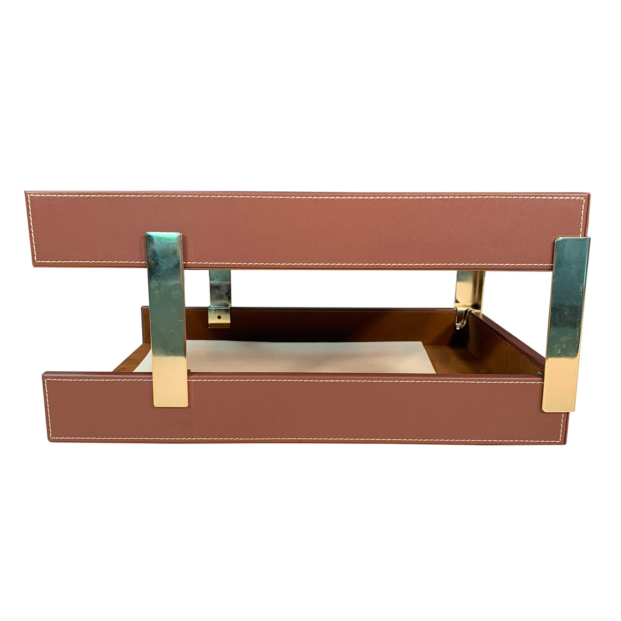 Rustic (Sienna) Brown Leather Letter Tray, Legal, Stacking Set, Gold