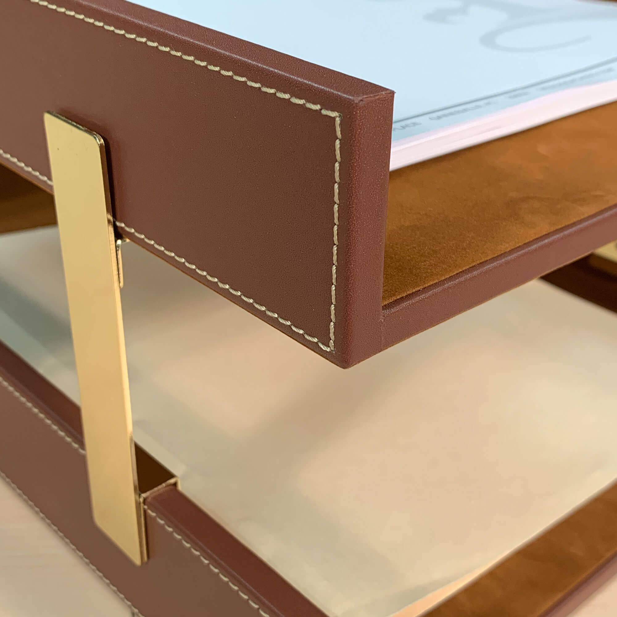 Rustic (Sienna) Brown Leather Letter Tray, Legal, Stacking Set, Gold