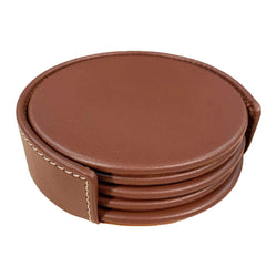 Rustic Brown Leather 4 Round Coaster Set w/ Holder