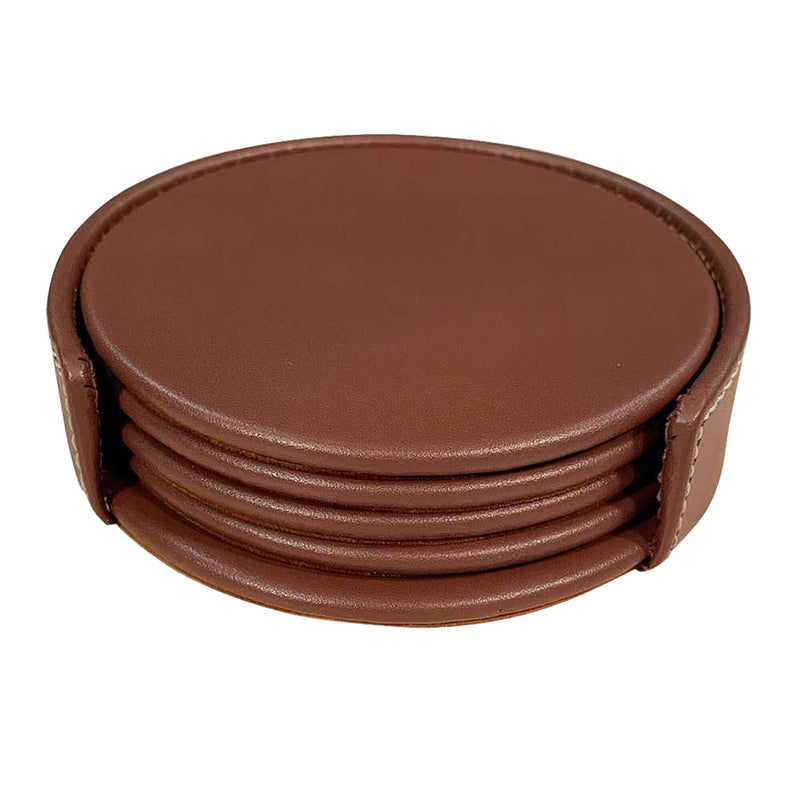 Rustic Brown Leather 4 Round Coaster Set w/ Holder