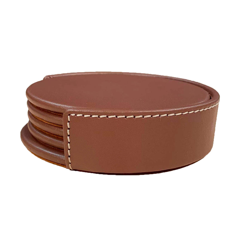 Rustic Brown Leather 4 Round Coaster Set w/ Holder