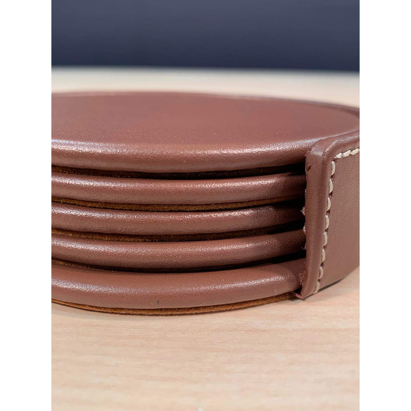 Rustic Brown Leather 4 Round Coaster Set w/ Holder